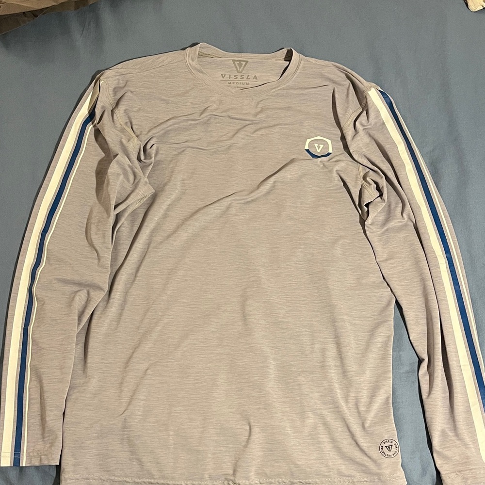 VISSLA Light Gray Long Sleeve Shirt with Blue Stripes
